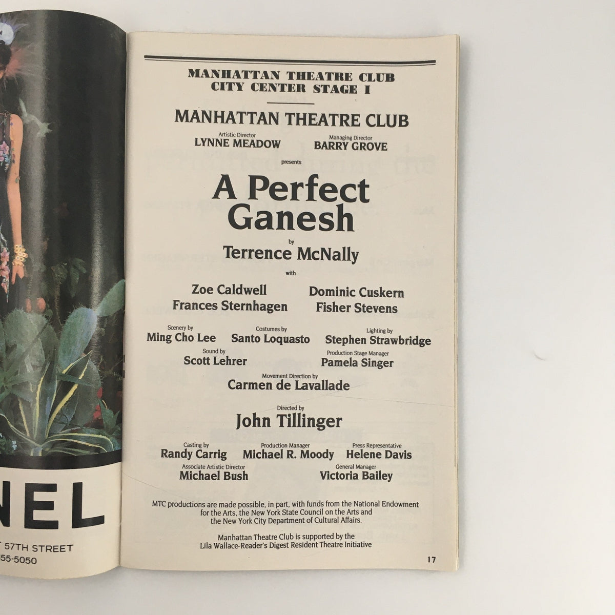 Inside view of the 1993 Playbill for 'A Perfect Ganesh' at Manhattan Theatre Club, featuring cast details, creative team, and vibrant layout.