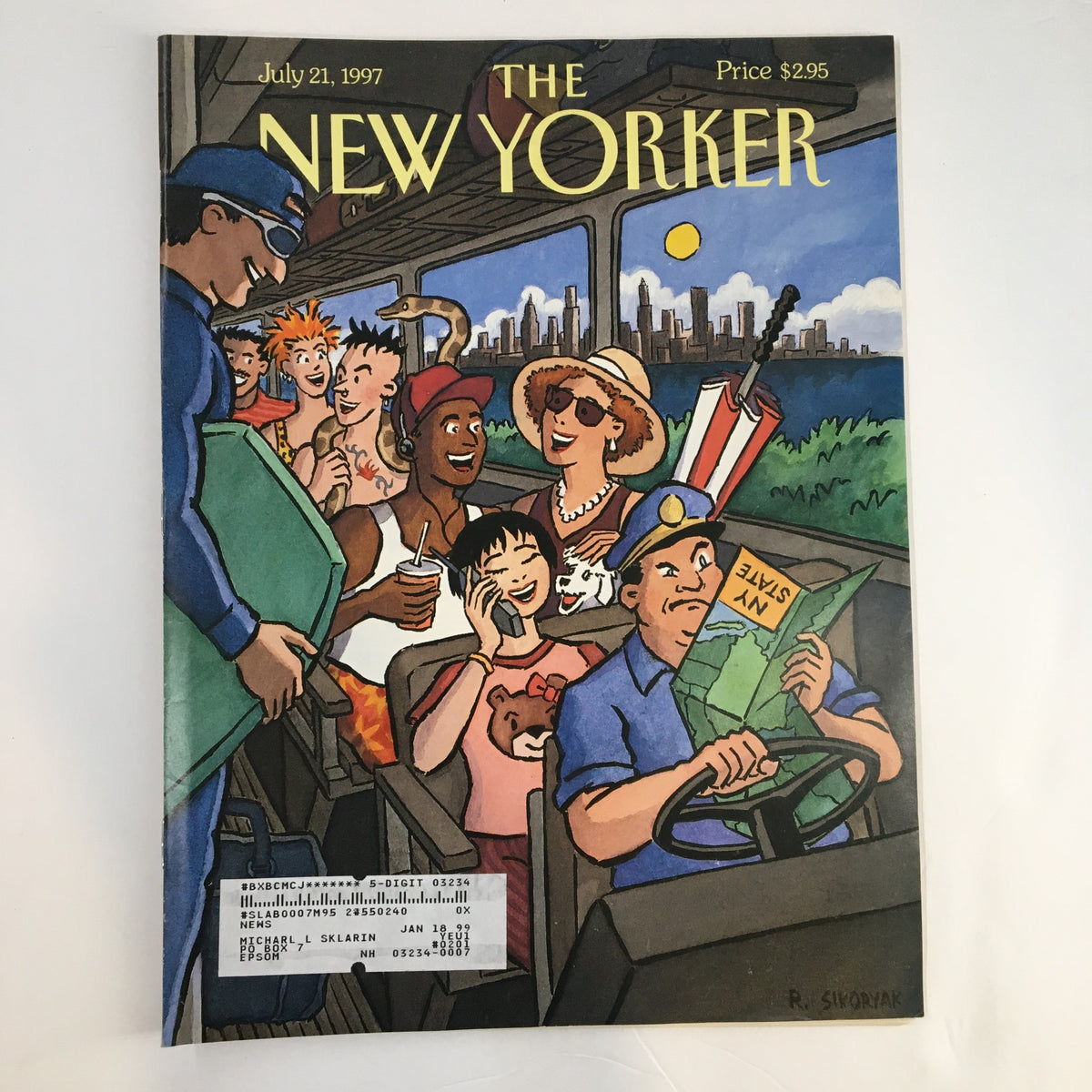 Cover of The New Yorker magazine dated July 21, 1997, featuring the illustration 'Escape from New York' by R. Sikoryak, depicting diverse characters on a bus with a New York City skyline in the background.