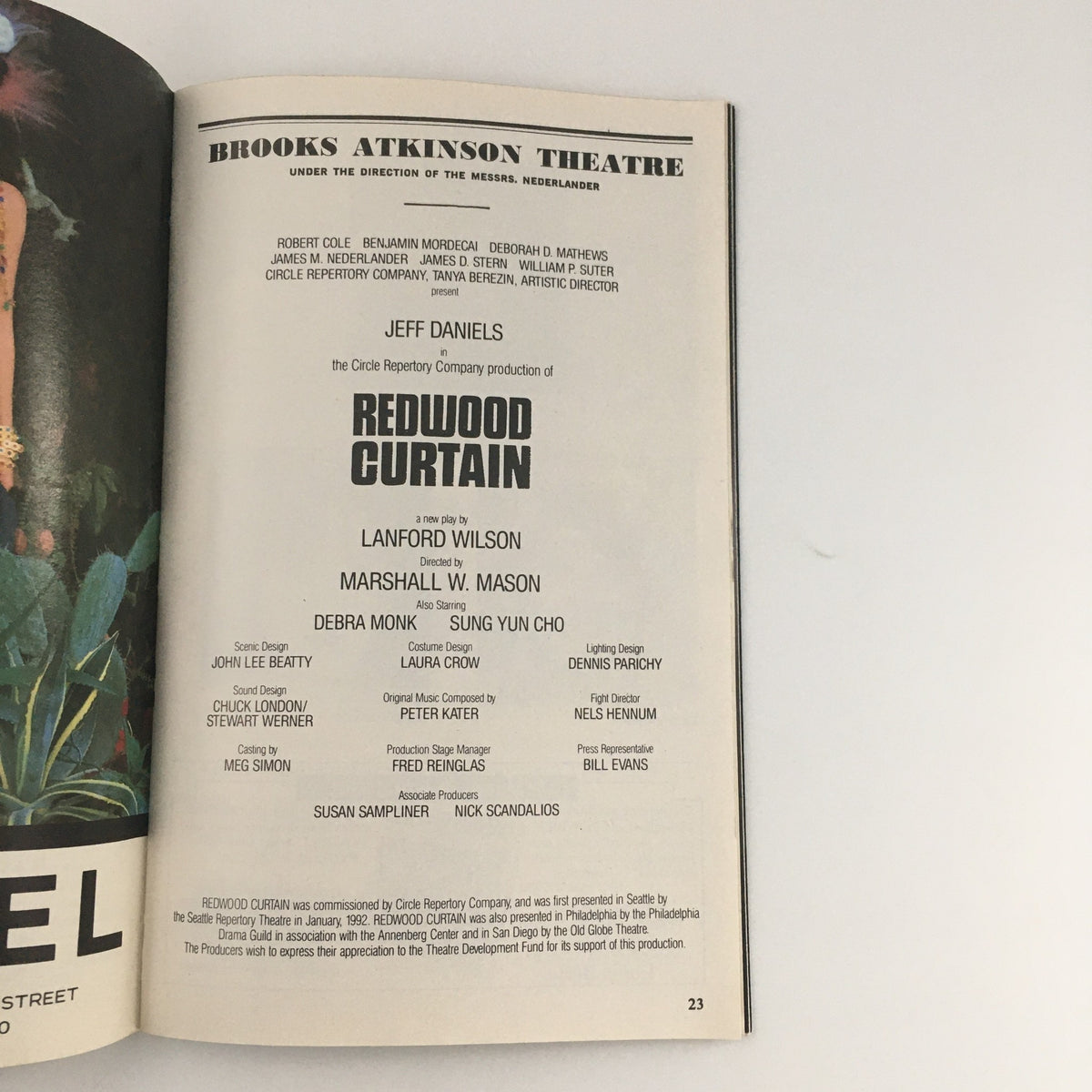 1993 Playbill for 'Redwood Curtain' at the Brooks Atkinson Theatre showcasing the cast and creative team with a focus on Lanford Wilson.