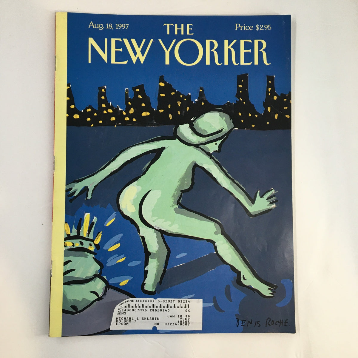 The New Yorker Full Magazine August 18 1997 cover featuring the artwork 'Yearning to Break Free' by Denis Roche, showcasing a green figure against a blue background with city skyline.