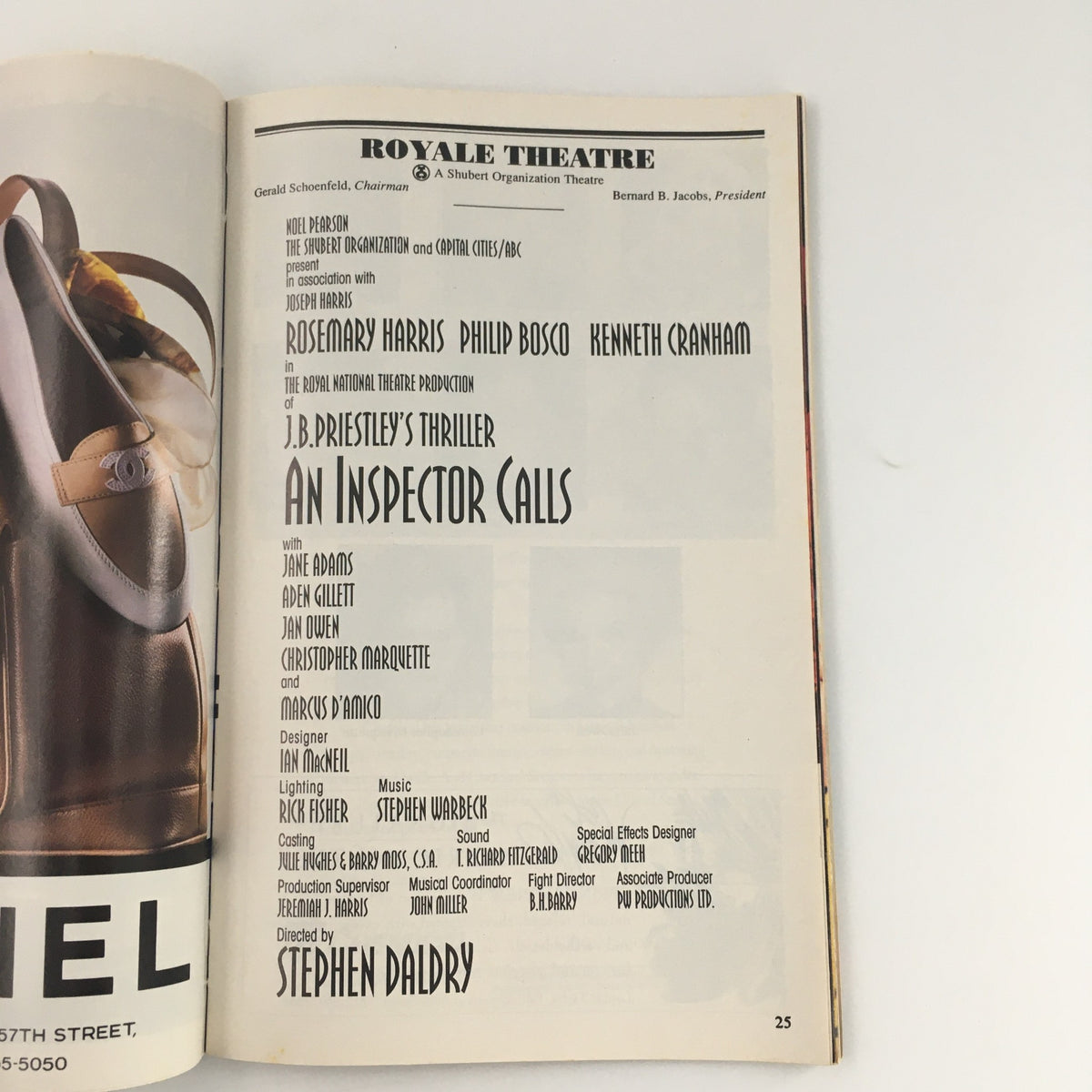 Interior page of the 1994 Playbill for 'An Inspector Calls' showcasing cast and crew information.