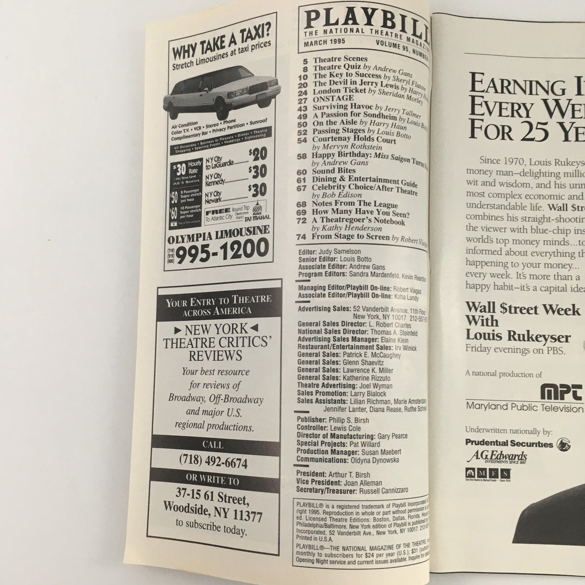 Inside view of the 1995 Playbill for 'Three Tall Women' at The Promenade Theatre featuring advertisements and theatre information.