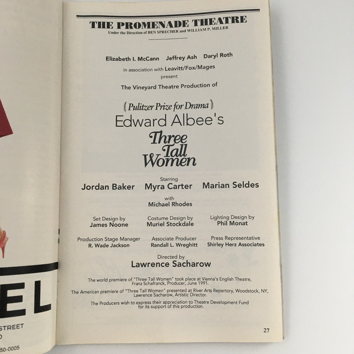 Second page of the 1995 Playbill for 'Three Tall Women' showcasing cast and production details, presented by Elizabeth McCann.
