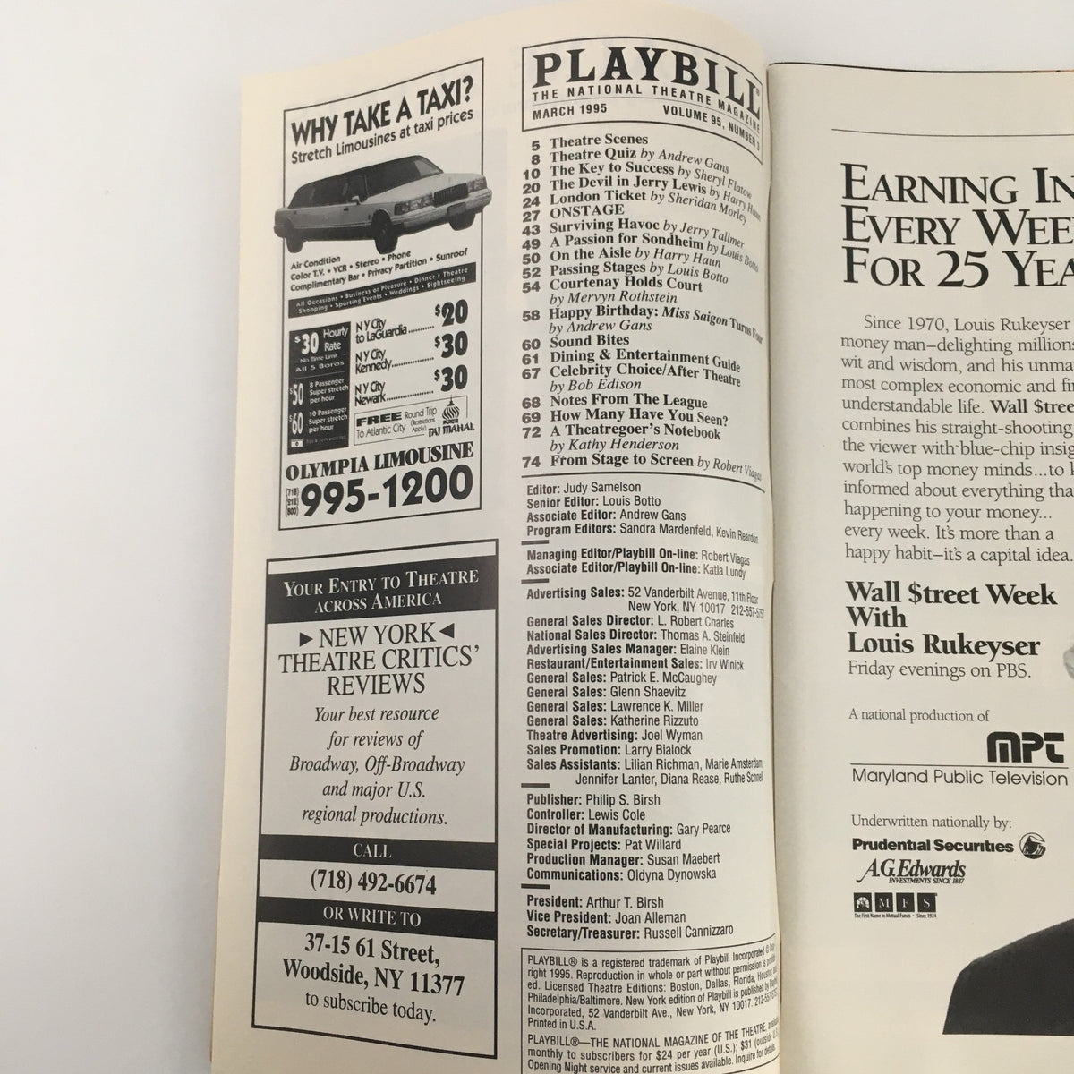 1995 Playbill Variety Arts Theatre 'Death Defying Acts' interior page showing the advertisement for transportation services including limousine options.