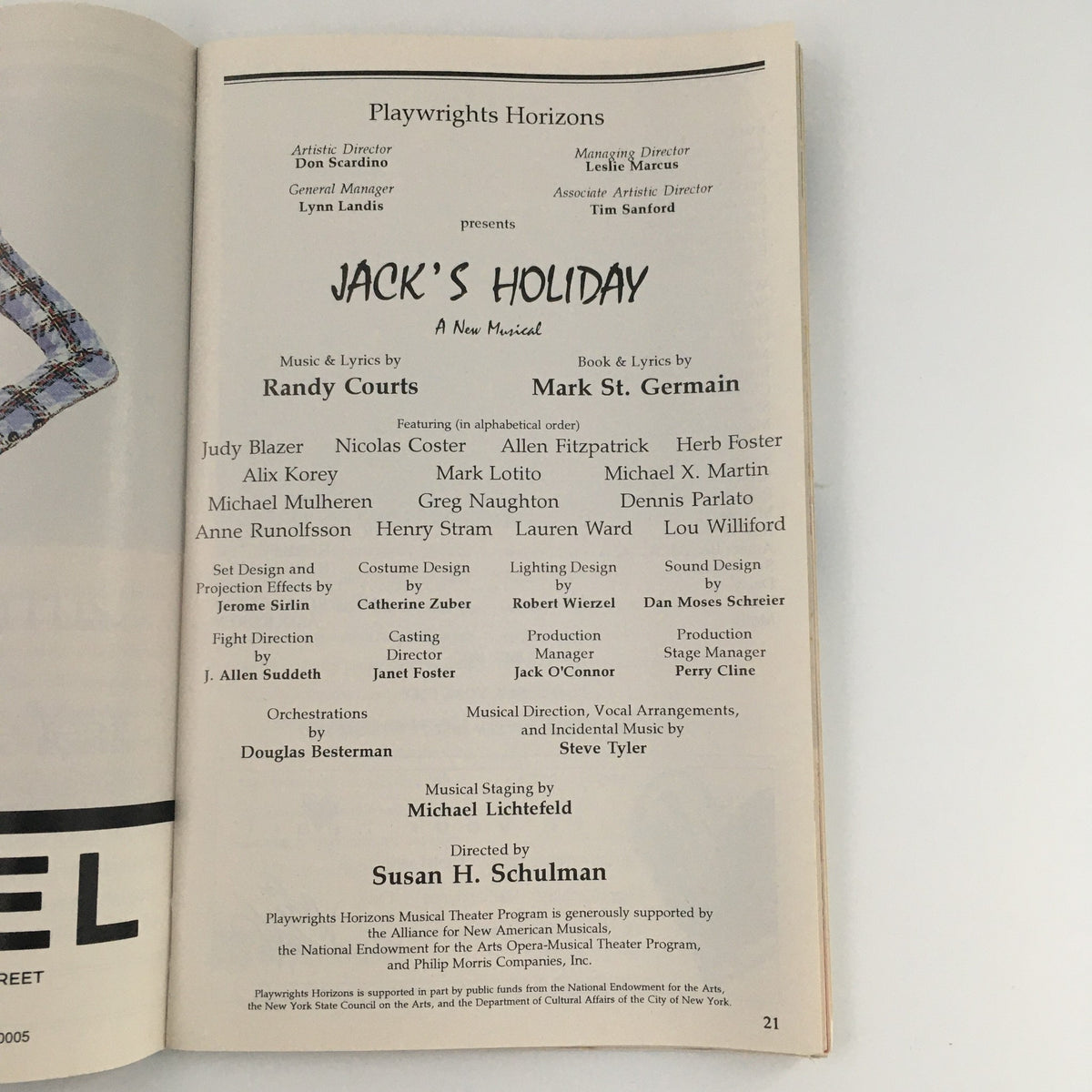 Program details from the 1995 Playbill for 'Jack's Holiday', including cast and crew names like Judy Blazer and Mark Lotito.