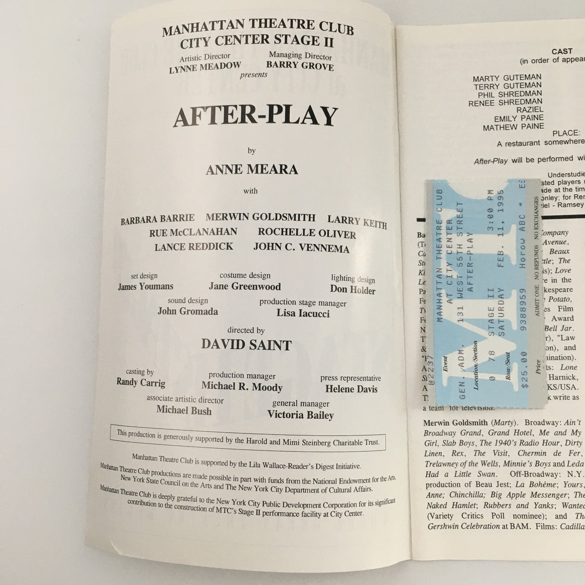 Inside page of the 1995 Stage II Manhattan Theatre Club brochure for the play 'After Play' by Anne Meara, listing cast and creative team.