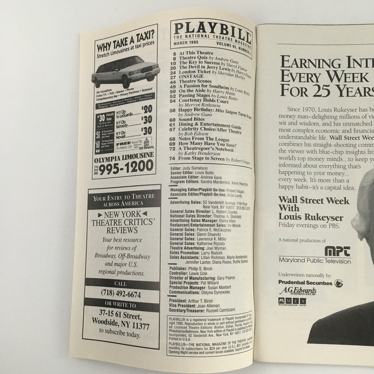 Inside view of the 1995 Playbill for 'The Heiress', showcasing advertisements and information related to the production at Cort Theatre.