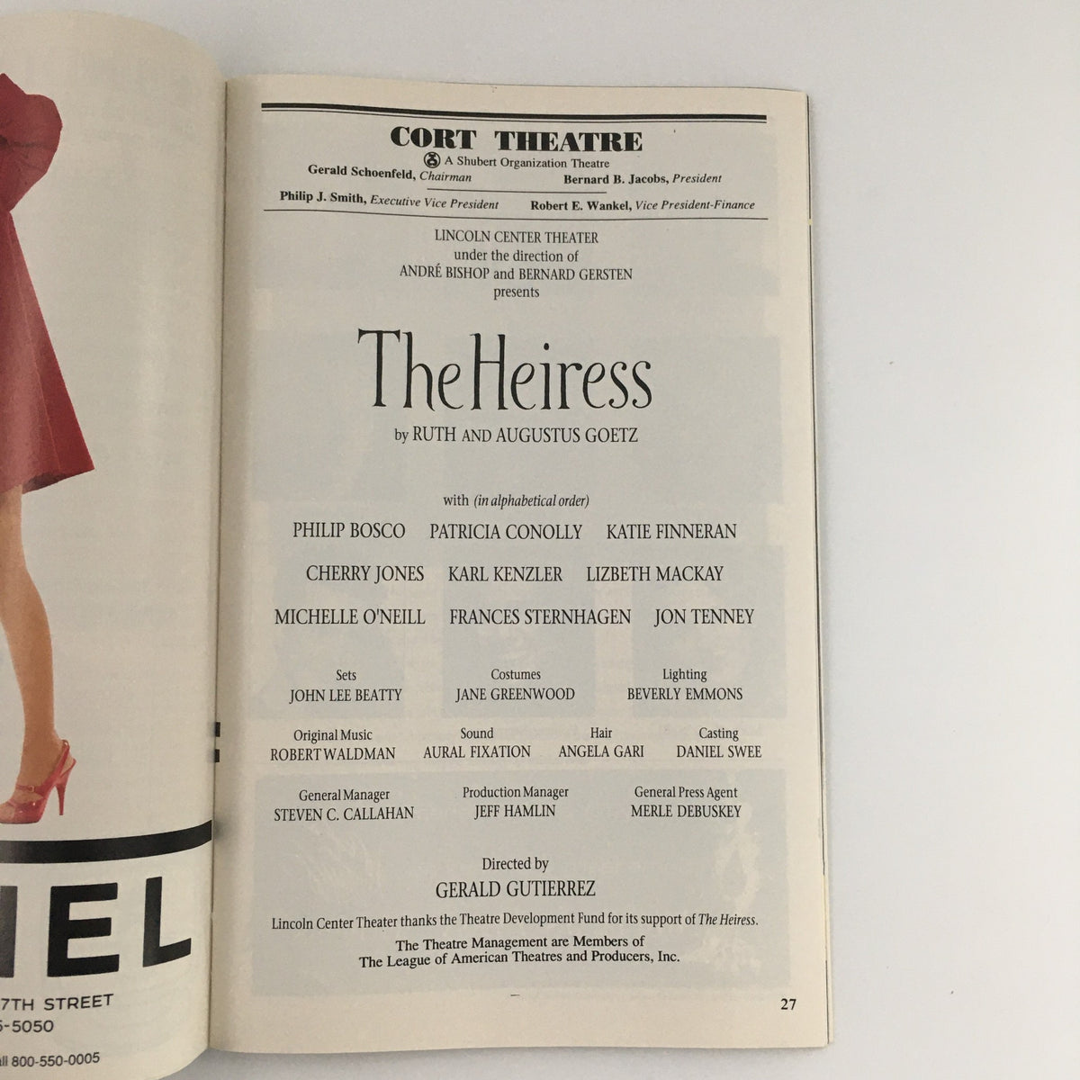 Another inside page of the 1995 Playbill for 'The Heiress' at Cort Theatre, featuring cast and crew credits, including Philip Bosco and Jon Tenney.