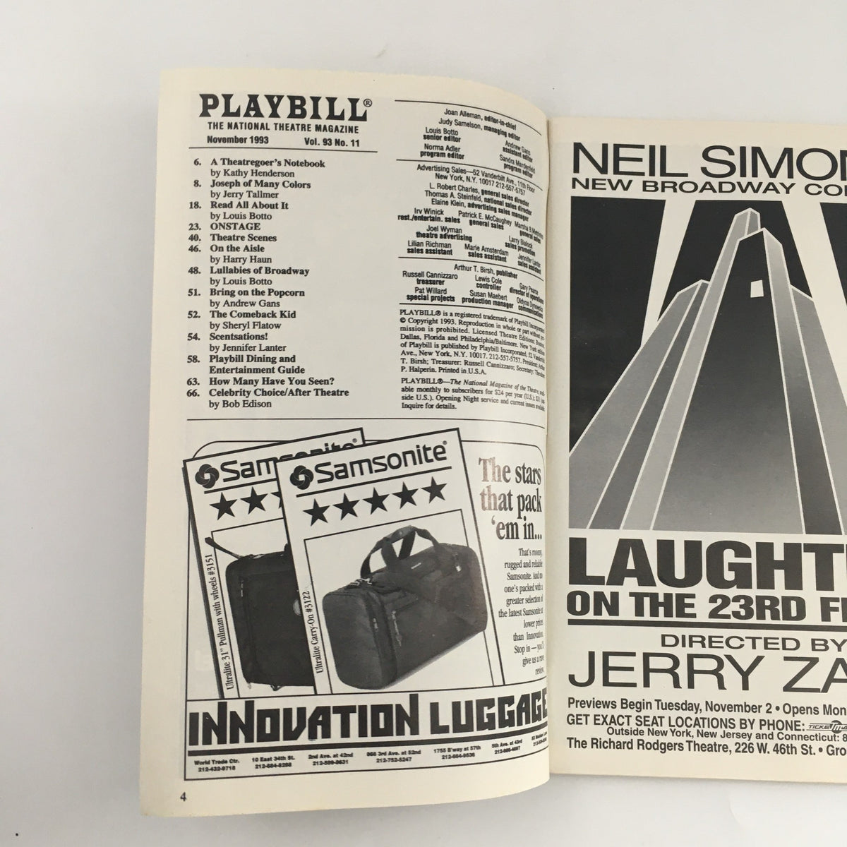 Interior page of the 1993 Playbill for Lincoln Center Theater, includes the table of contents and advertisements relevant to the theater.