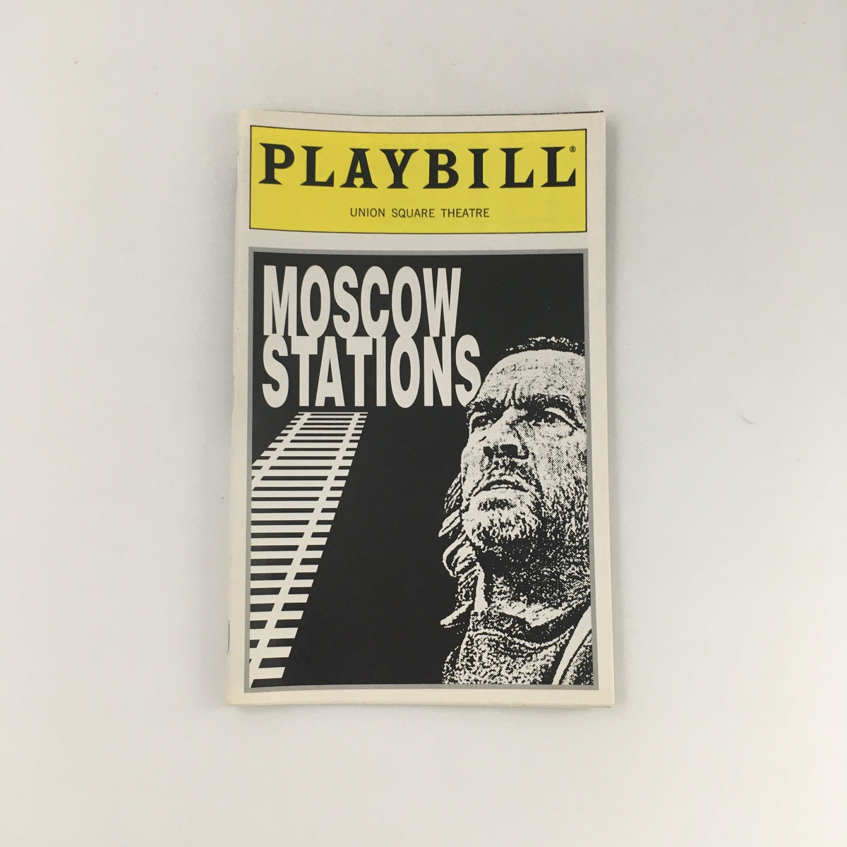 Front cover of the 1995 Playbill for 'Moscow Stations' at Union Square Theatre featuring dramatic artwork.