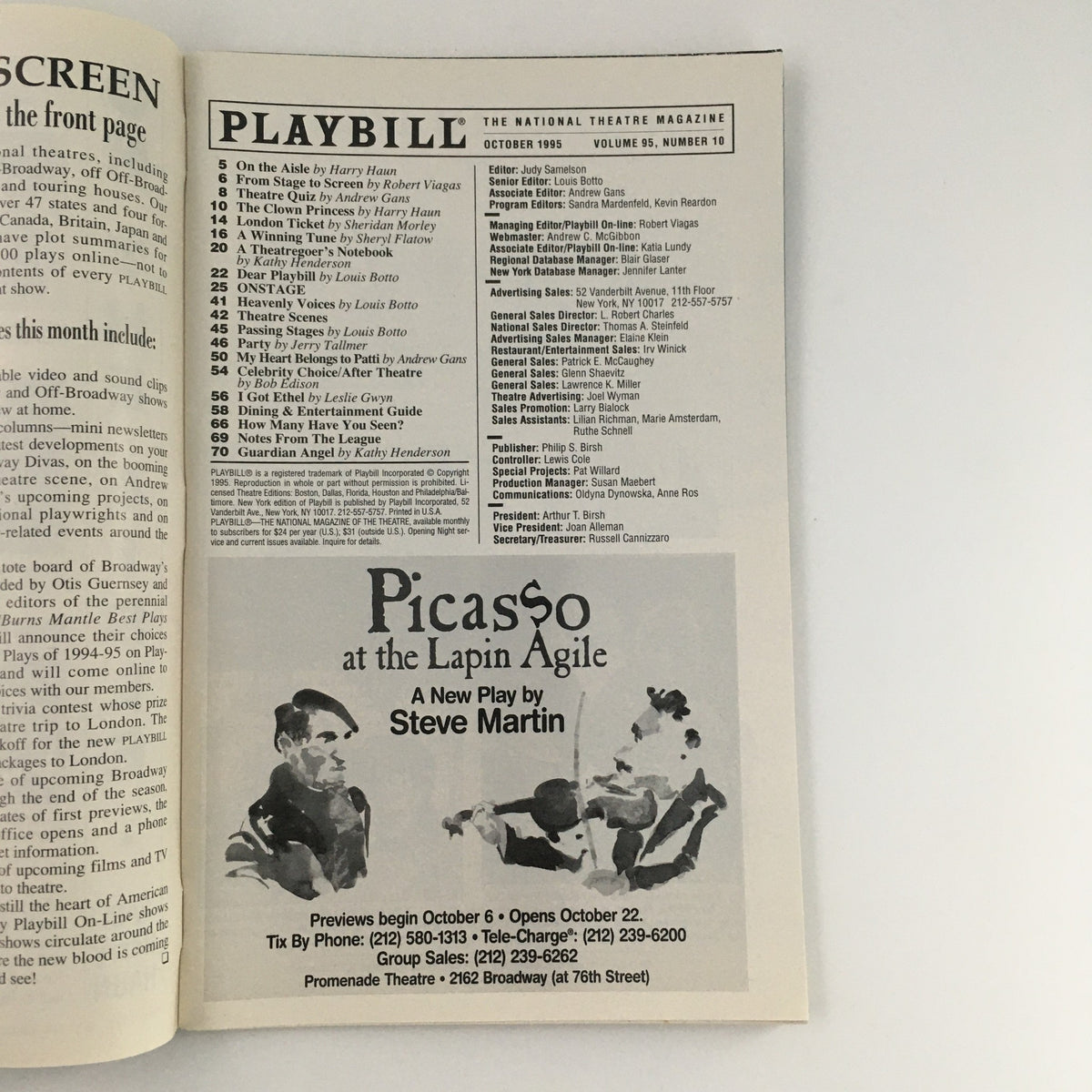 Interior page of the 1995 Playbill showcasing other theater productions including a preview for 'Picasso at the Lapin Agile.'