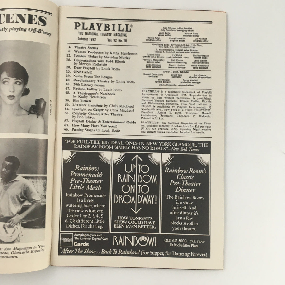Inside page of the 1992 Playbill for 'The Destiny of Me' showcasing advertisements and articles relevant to Broadway theater.