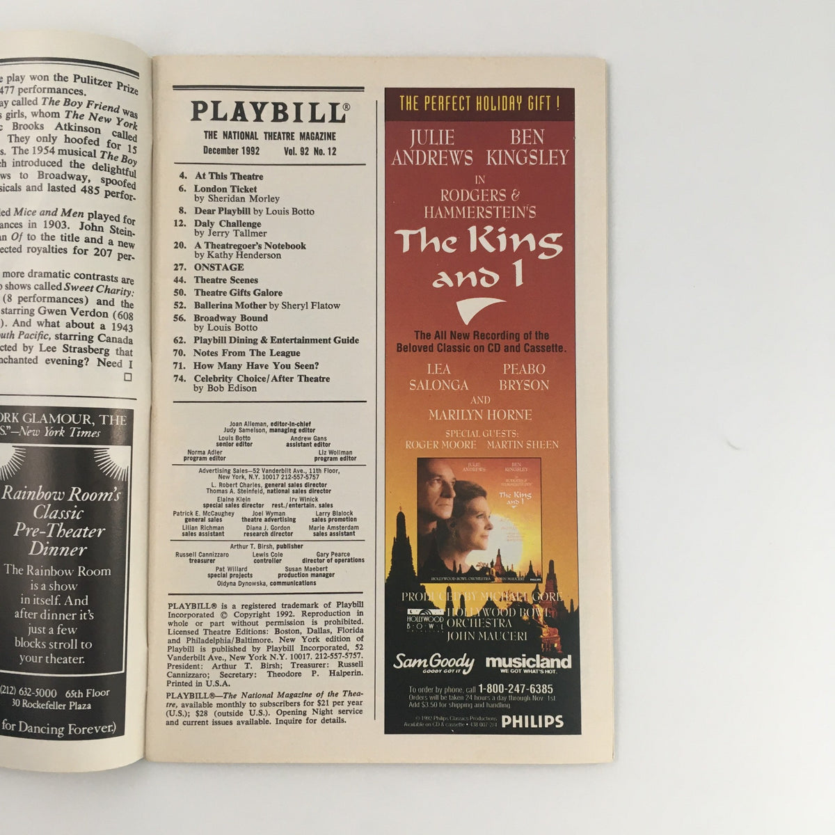 Inside view of the 1992 Playbill for 'Someone Who'll Watch Over Me,' showcasing advertisements including a feature for Julie Andrews and Ben Kingsley in 'The Kings and I'.