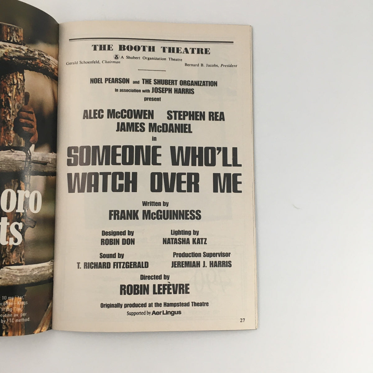 Inside details of the 1992 Playbill for 'Someone Who'll Watch Over Me' at the Booth Theatre, highlighting cast members Alec McCowen, Stephen Rea, and James McDaniel, with production credits.
