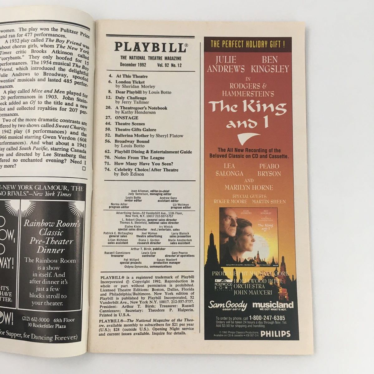 Playbill from December 1992 featuring 'The King and I' and advertisements, part of the collectible series related to 'Jelly's Last Jam', showcasing cast members including Savion Glover and Tonya Pinkins.