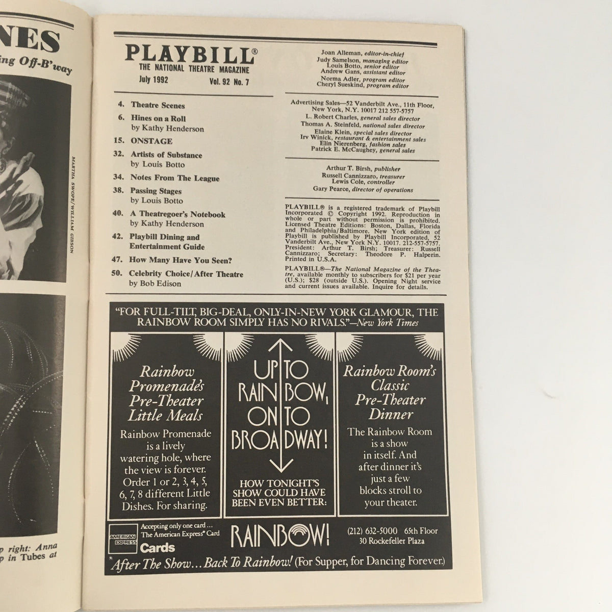Interior page of the 1992 Playbill showcasing articles from the July 1992 edition of Playbill magazine.