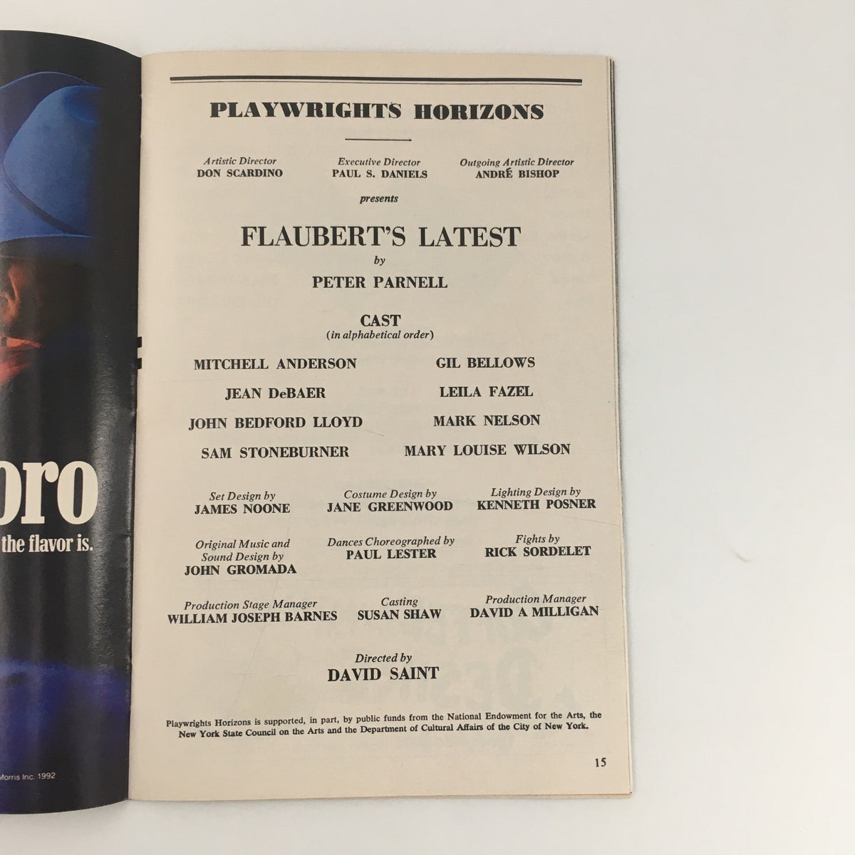 Interior cast page of the 1992 Playbill for Playwrights Horizons' 'Flaubert's Latest' listing the talented cast and creative team.