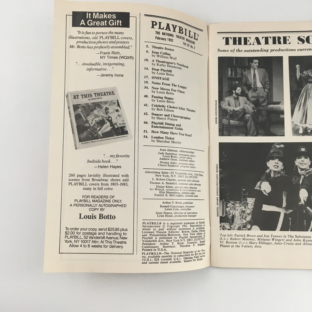 Inside pages of the 1992 Playbill for 'The Baltimore Waltz' displaying various theatre-related articles and highlights from Broadway.