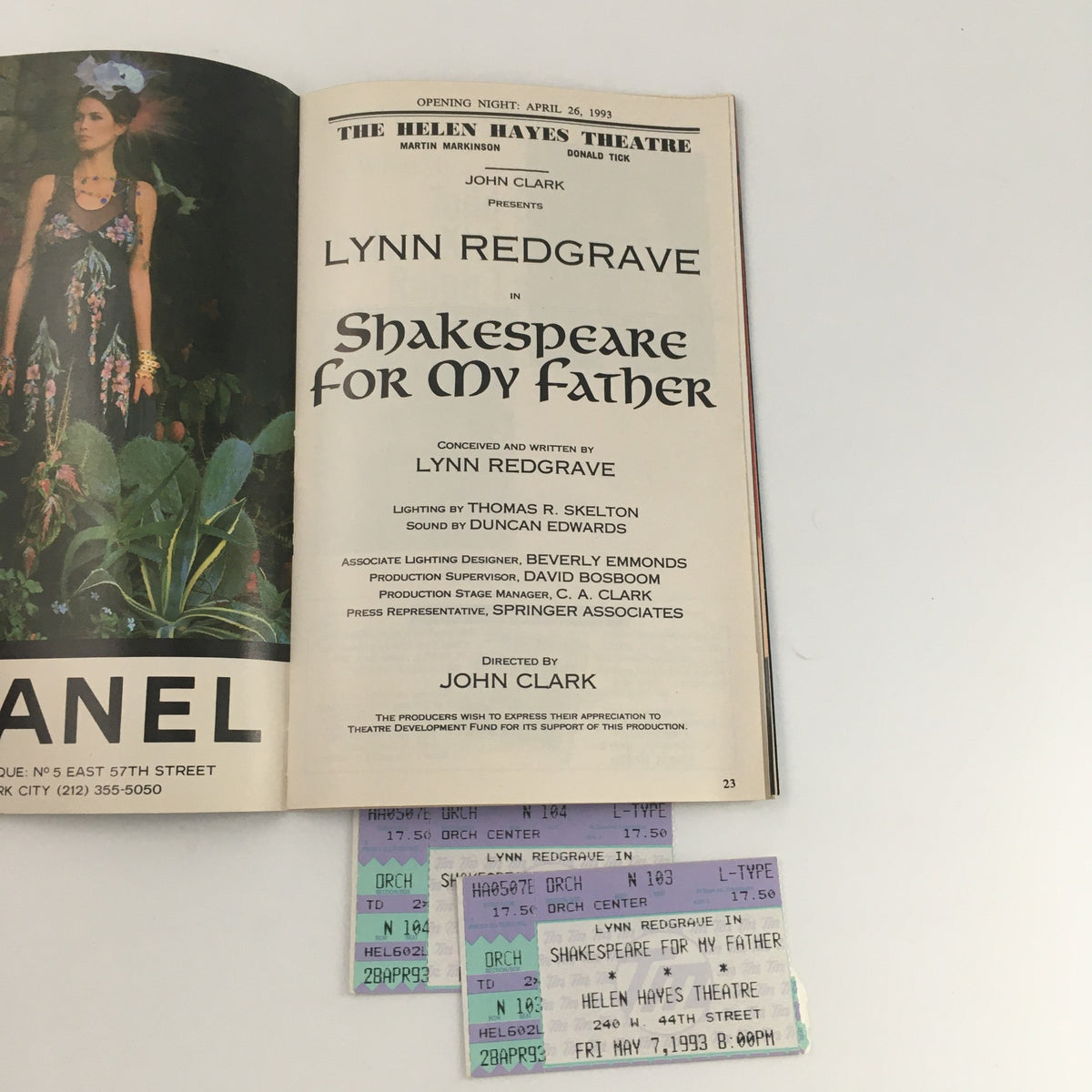 Opening night page of the 1993 Playbill for 'Shakespeare for My Father' by John Clark, featuring cast details and original tickets.