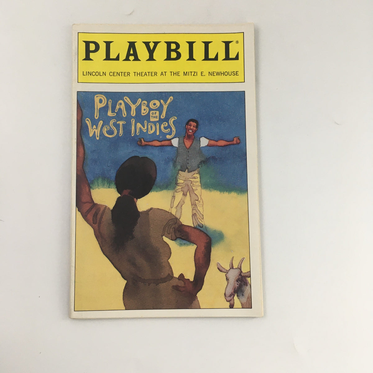 Cover of the 1993 Playbill 'Playboy of the West Indies' from the Mitzi E. Newhouse Theater showcasing vibrant artwork and featuring a male performer.