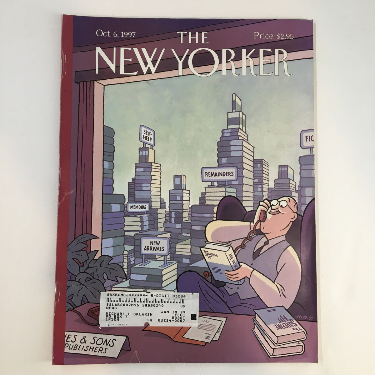 Cover of The New Yorker Full Magazine October 6 1997 showcasing a whimsical illustration of a man in an office surrounded by books with titles like 'Self-Help' and 'Memoirs.'