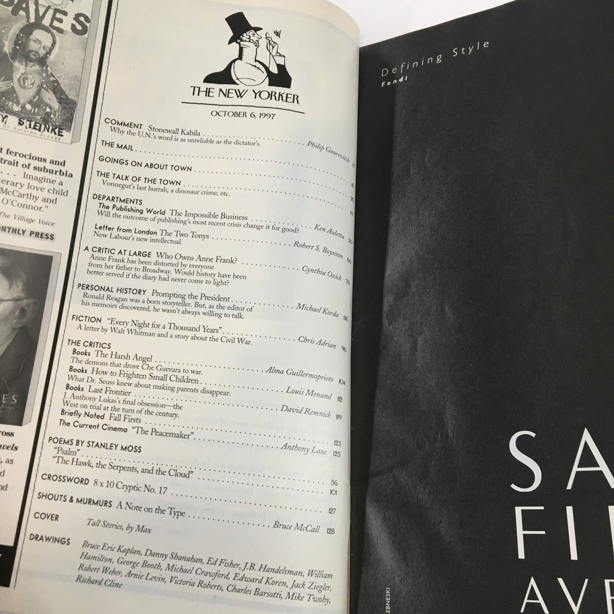 Inside page of The New Yorker Full Magazine October 6 1997 displaying the table of contents with various articles and contributors, highlighting the issue's literary content.