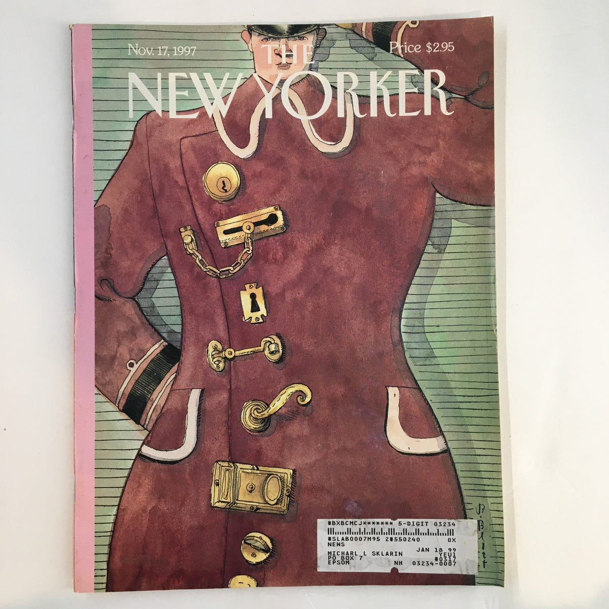 The New Yorker Full Magazine November 17, 1997 cover art titled 'Locked Up' by Barry Blitt, featuring a stylized illustration of a figure in a coat with various locks and chains.