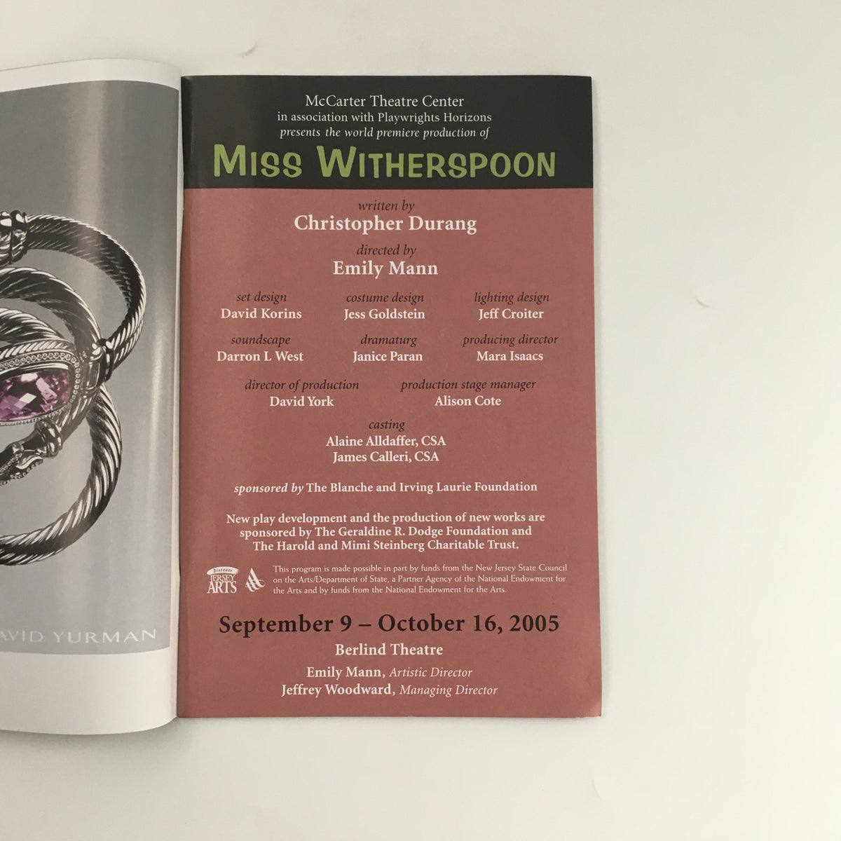 Inside page of the 2005 McCarter Theatre Center program for 'Miss Witherspoon', detailing production credits, cast, and creative team.