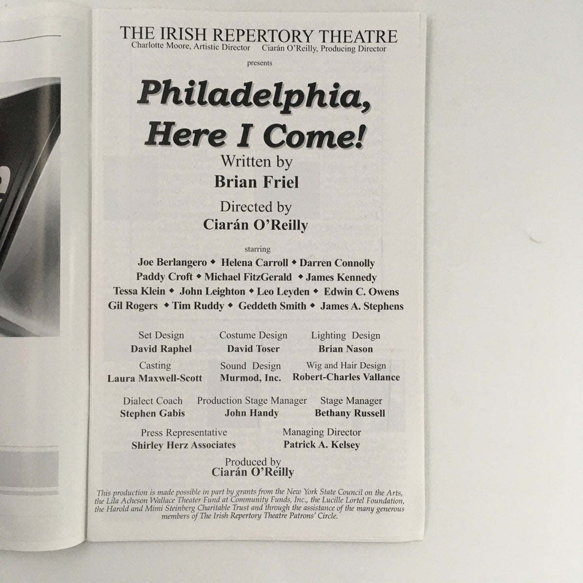 2005 program details for The Irish Repertory Theatre's 'Philadelphia Here I Come', written by Brian Friel, featuring cast and production information.