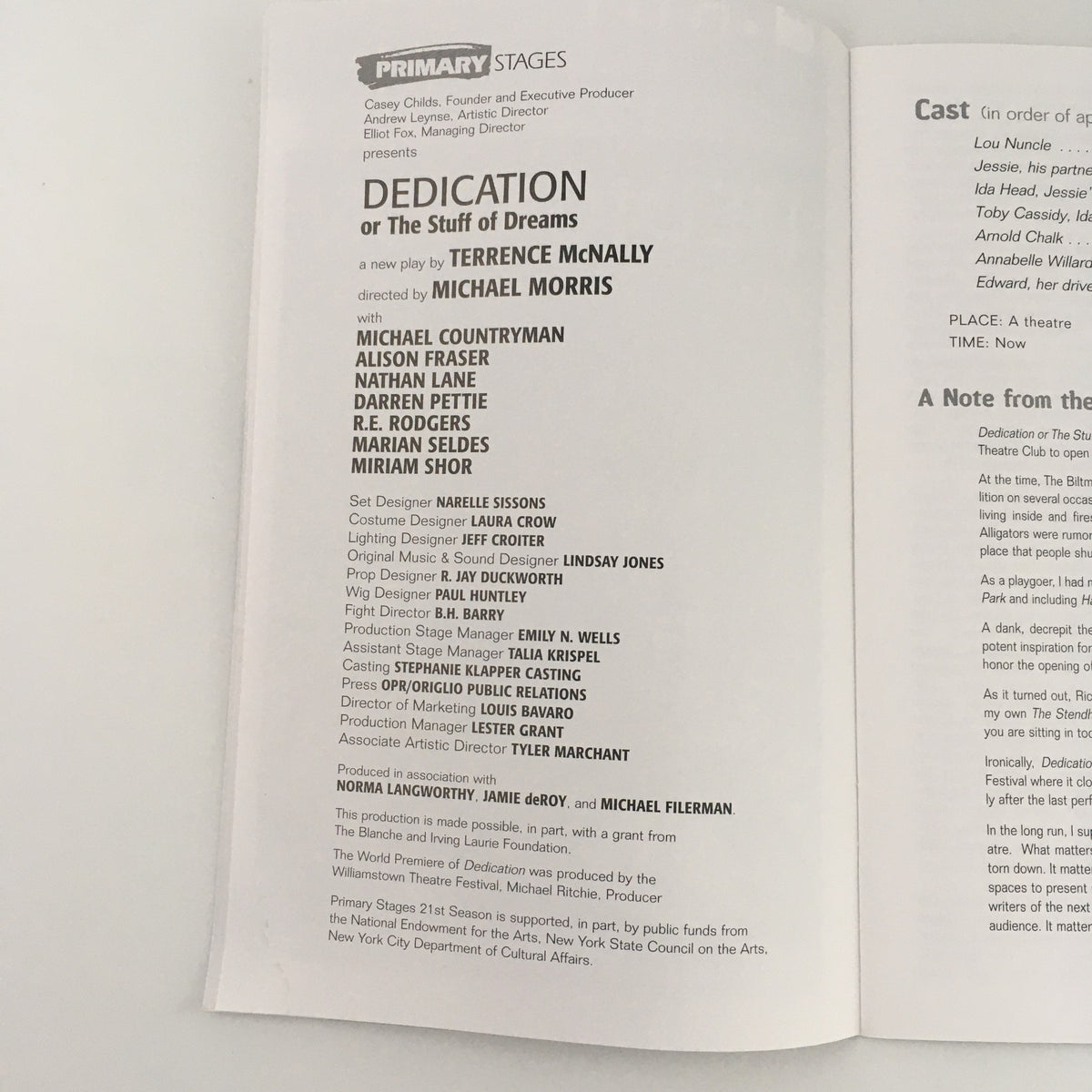 Inside page of the program for 'Dedication of The Stuff of Dreams' by Terrence McNally, listing the cast and production details at 59E59 Theaters.