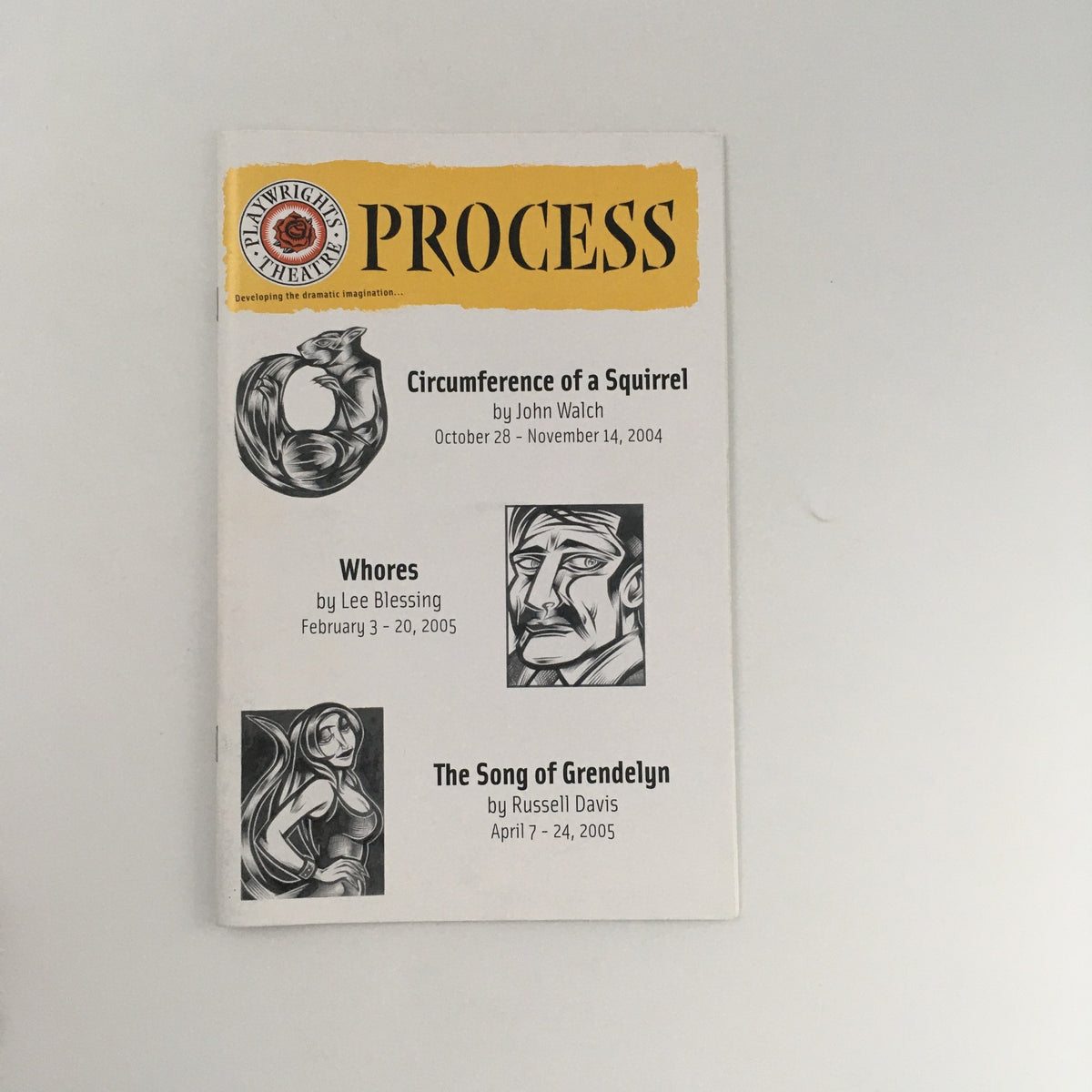 Cover of the program from the 2005 Playwrights Theatre production 'Circumference of a Squirrel' by John Walch, featuring features artworks and titles of other plays.