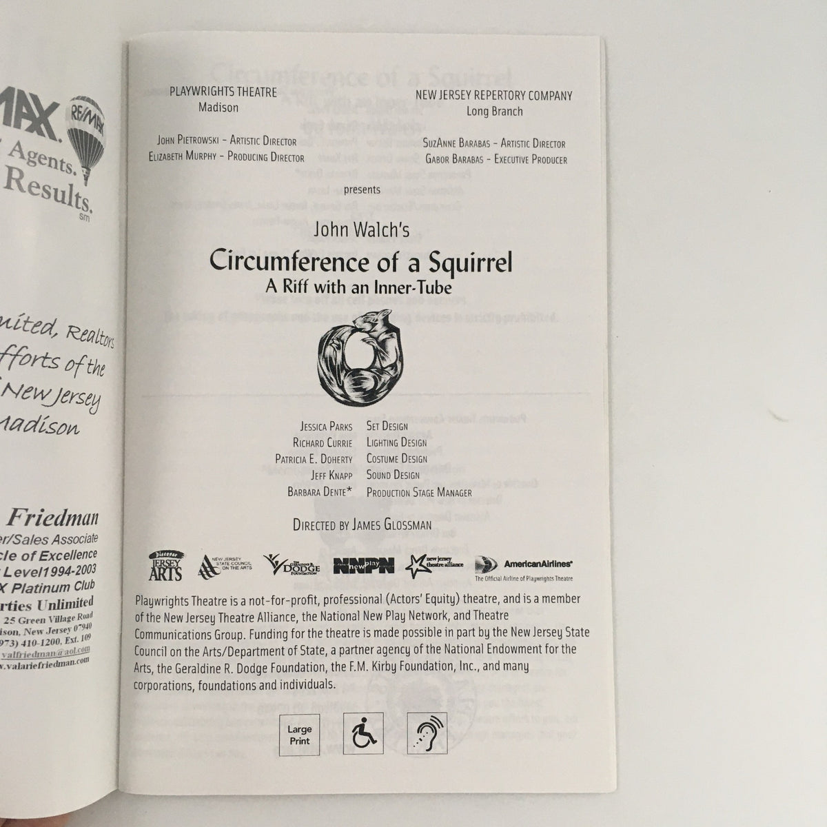 Interior page of the program for 'Circumference of a Squirrel' by John Walch, showcasing production credits and details, presented by Playwrights Theatre.
