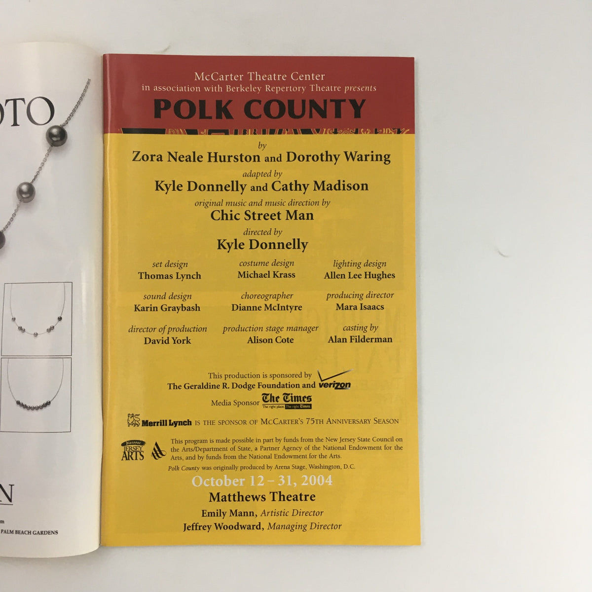 2004 McCarter Theatre Center promotional material for 'Polk County' by Zora Neale Hurston and Dorothy Waring, featuring details about the play's adaptation, directing, and artistic team.