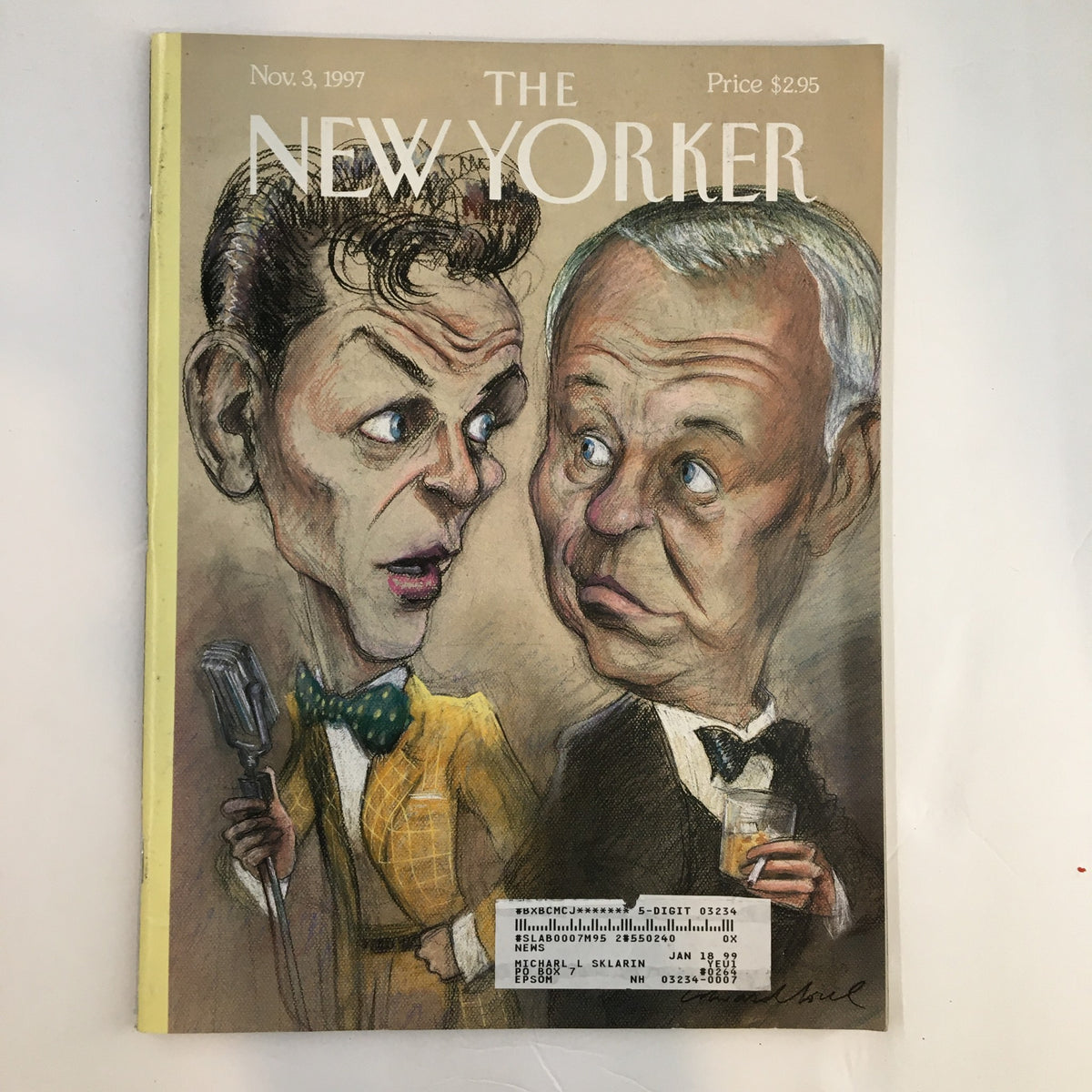 Cover of The New Yorker Full Magazine dated November 3, 1997 featuring a caricature illustration of two men in formal attire, highlighting the feature story 'Strangers in the Night' by E. Sorel. The illustration captures expressions of surprise and intrigue, making it a collectible piece from the late 90s.