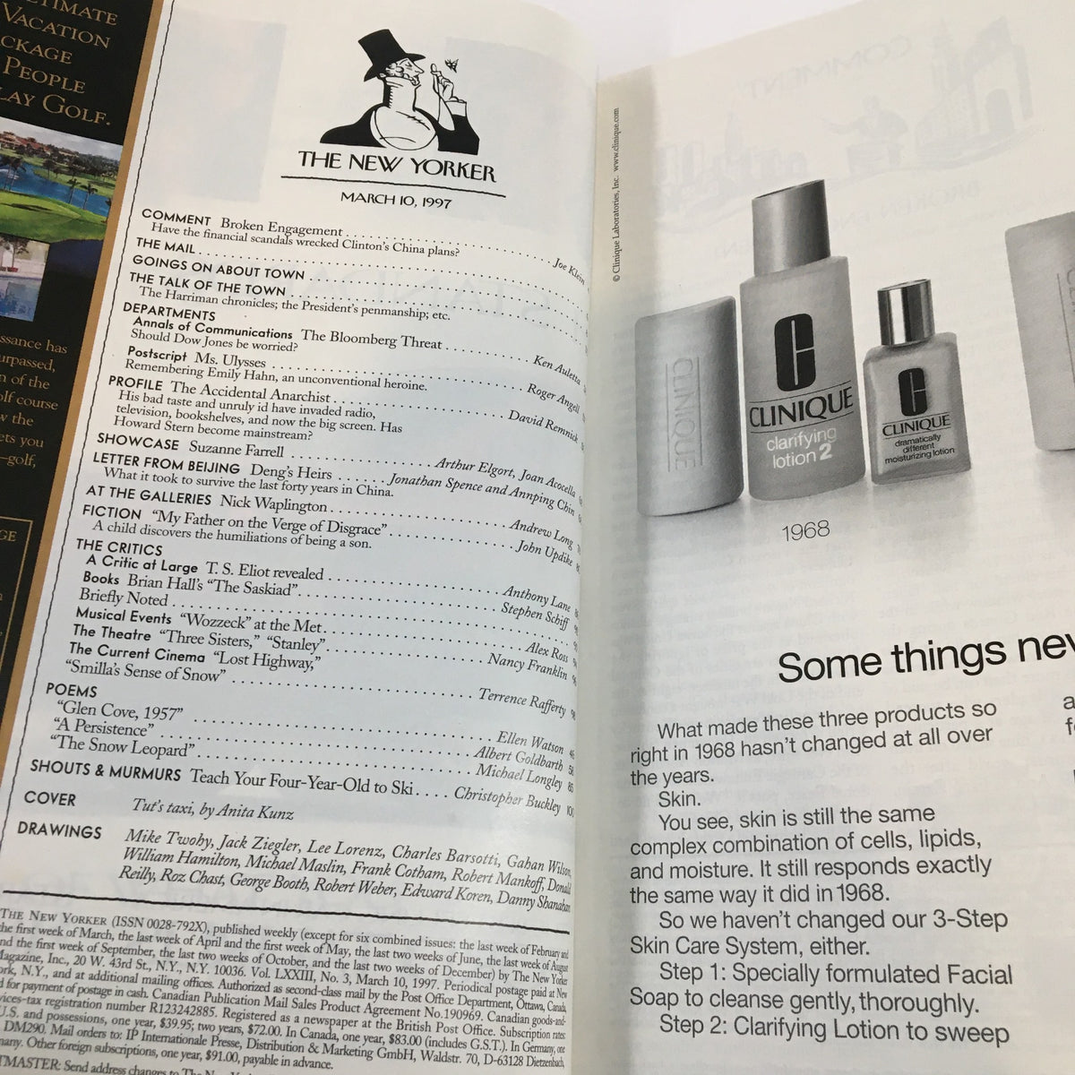 Interior page from The New Yorker magazine dated March 10, 1997, displaying the table of contents and an advertisement for Clinique products.