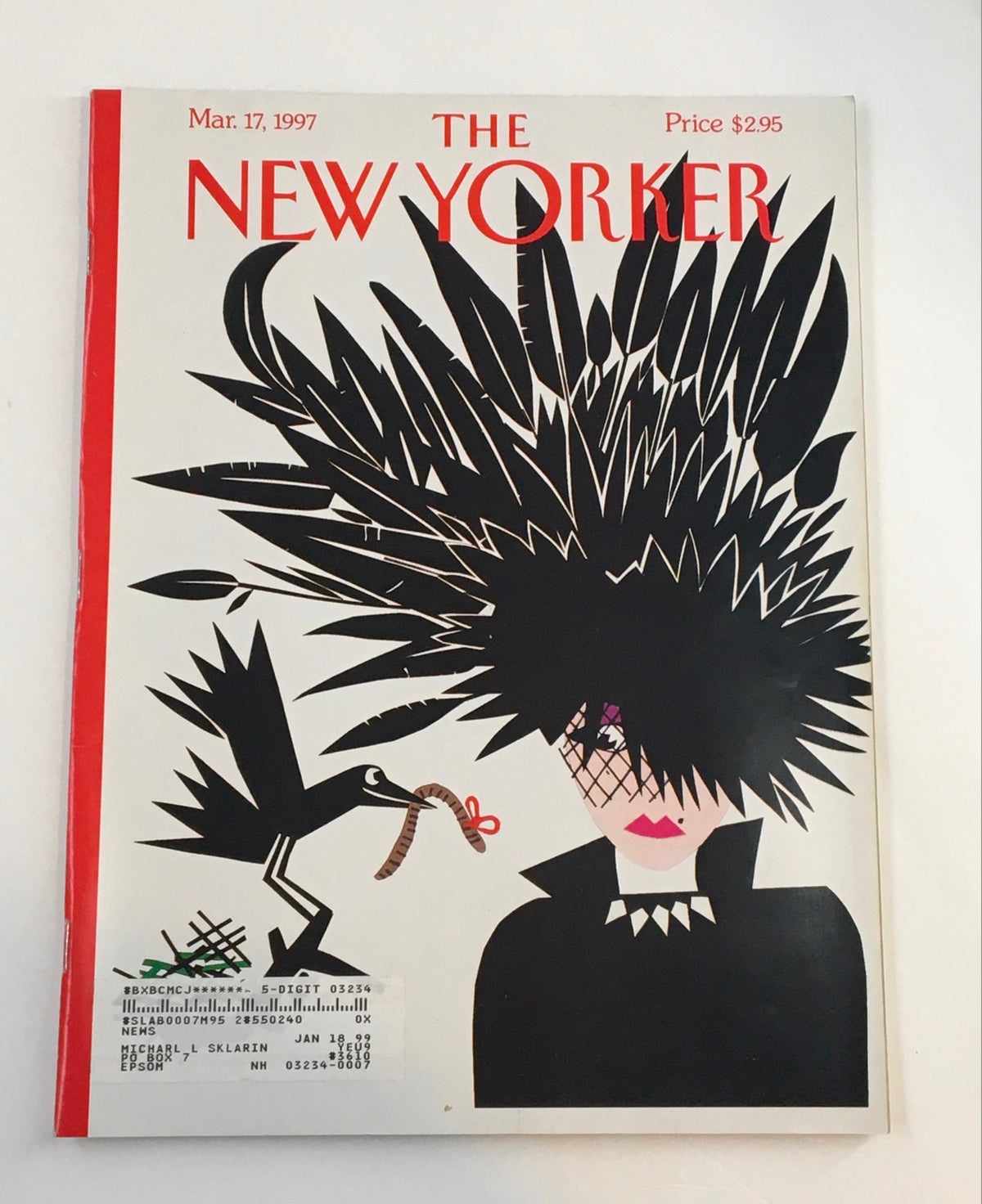 Cover of The New Yorker magazine dated March 17, 1997 featuring striking artwork with an illustrated woman and bird, associated with the article 'Cheep Chic' by Michael Roberts.