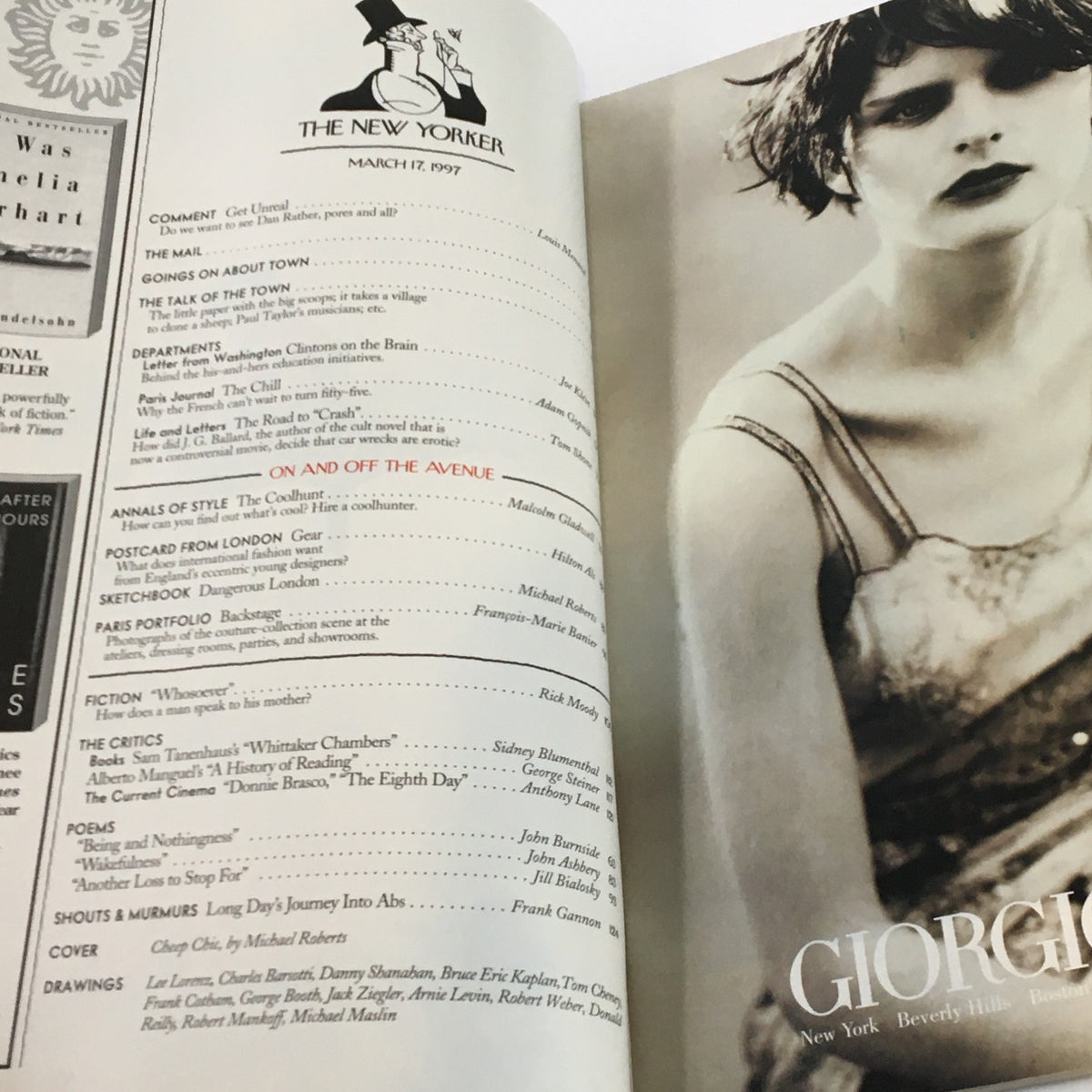 Interior page of The New Yorker magazine from March 17, 1997 displaying the contents page that includes features and articles such as 'Annals of Style' and 'Postcard from London' reflecting the era's cultural discussions.