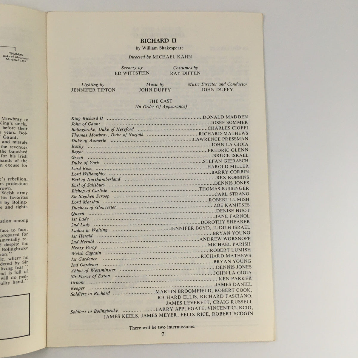Inside page of the 1968 American Shakespeare Theatre program for 'Richard II', showcasing the cast list and production details including direction by Michael Kahn.