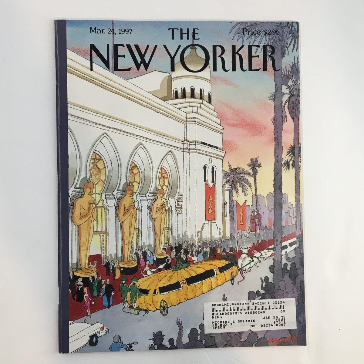 The New Yorker magazine cover from March 24, 1997, featuring Oscar Night art by Lawrence Mynott, highlighting the glamour of the Academy Awards.