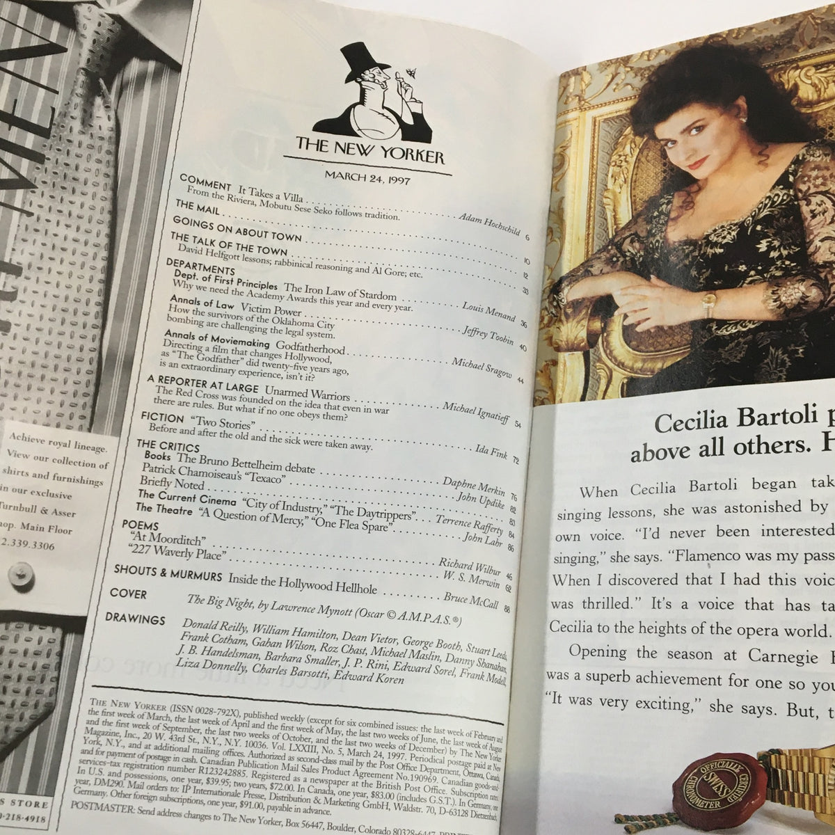 Interior page of The New Yorker magazine, March 24, 1997 issue, displaying contents and an article featuring Cecilia Bartoli, celebrating Oscar Night.