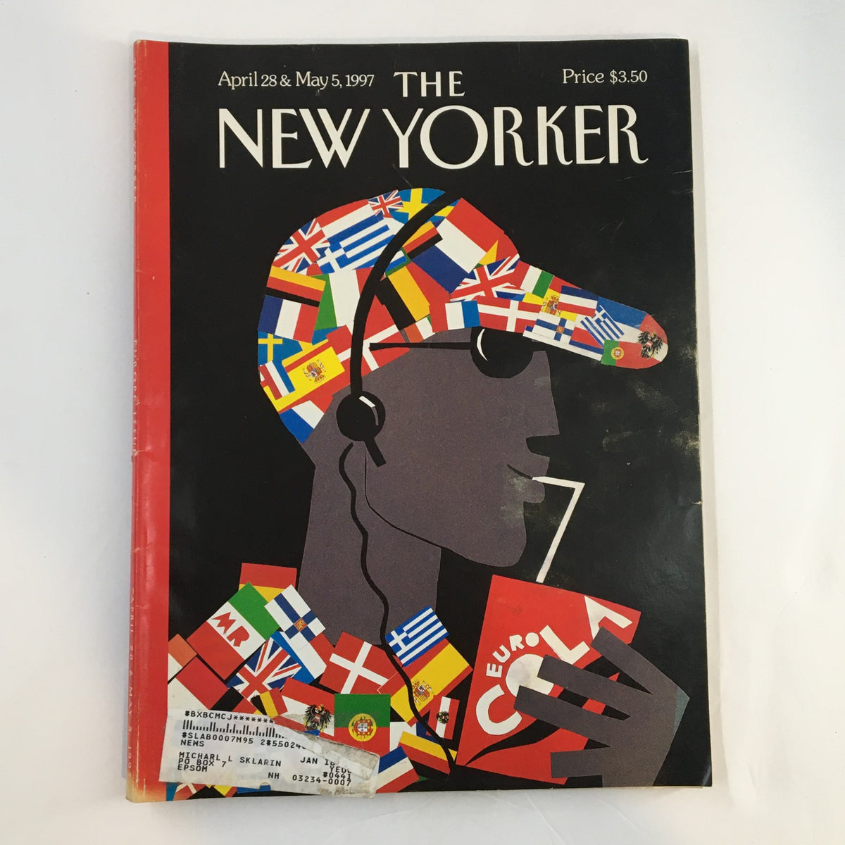 Cover of The New Yorker Full Magazine from April 28, 1997, titled 'Eurocentric' by Michael Roberts, featuring a vibrant illustration of a figure adorned with flags from various countries, representing cultural diversity.