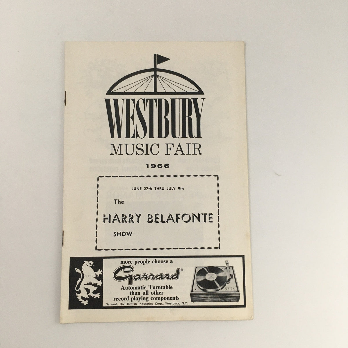 1966 Westbury Music Fair 'Harry Belafonte Show' program cover featuring the event details and iconic branding.