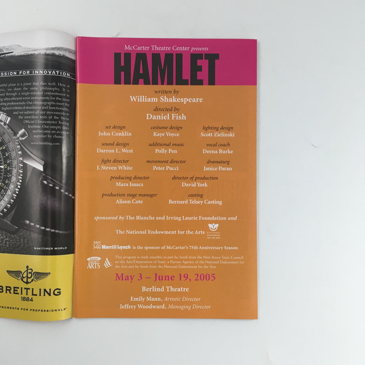 Inside page of the 2005 McCarter Theatre Center program for 'Hamlet' by William Shakespeare, detailing the cast, crew, and production information.