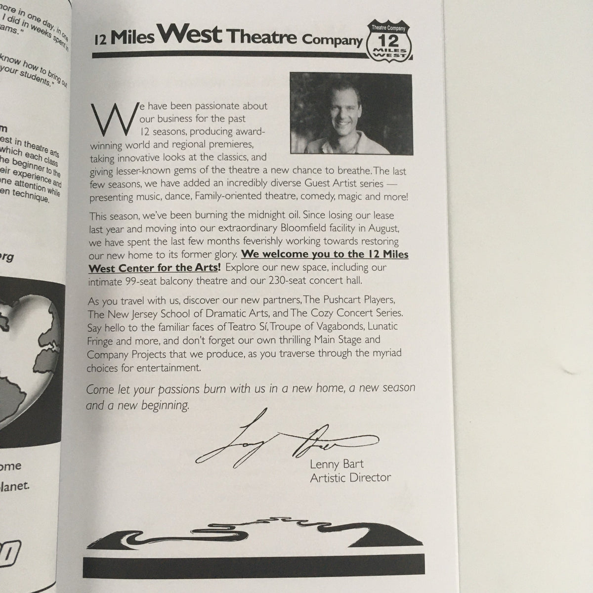 Inside page of the 12 Miles West Theatre Company program introducing their team and inviting patrons to experience the arts, related to the 'Tea for Three Lady Bird, Pat & Betty' production.