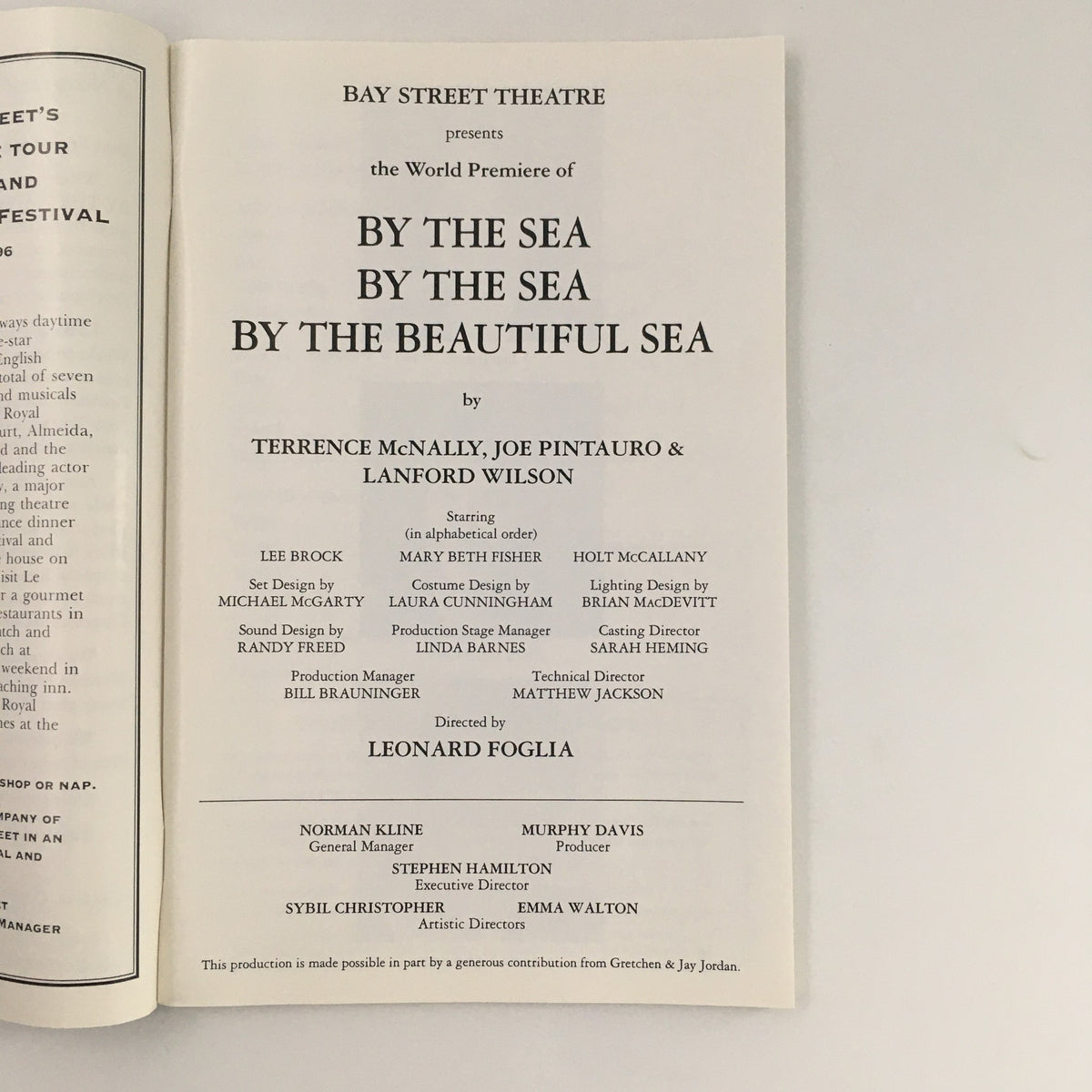 Inside page of the 1995 Bay Street Theatre 'By The Beautiful Sea' program detailing cast and crew credits, including Terrence McNally and Joe Pintauro.