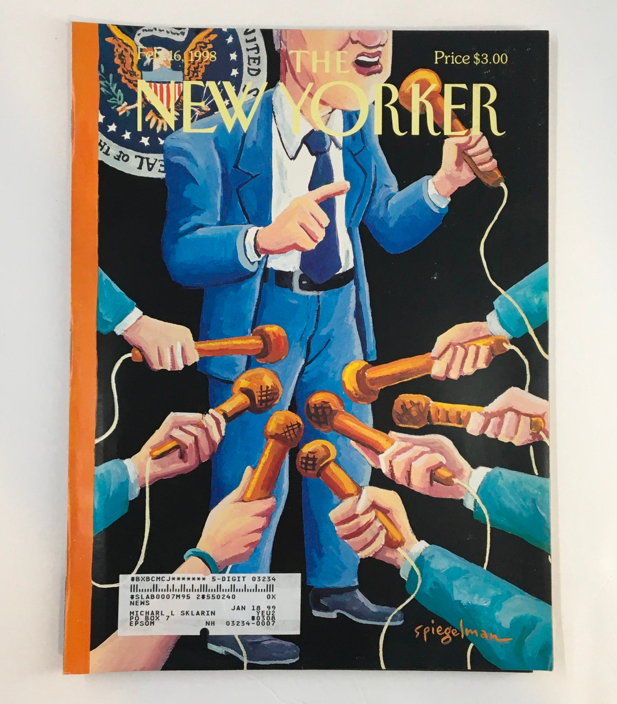Cover of The New Yorker Full Magazine February 16 1998 featuring Art Spiegelman's illustration with microphones and a man in a suit, representing the theme 'The Low Road.'
