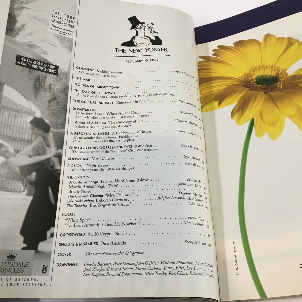 Table of contents from The New Yorker Full Magazine February 16 1998, showcasing articles, poems, and features including 'The Low Road' by Art Spiegelman.