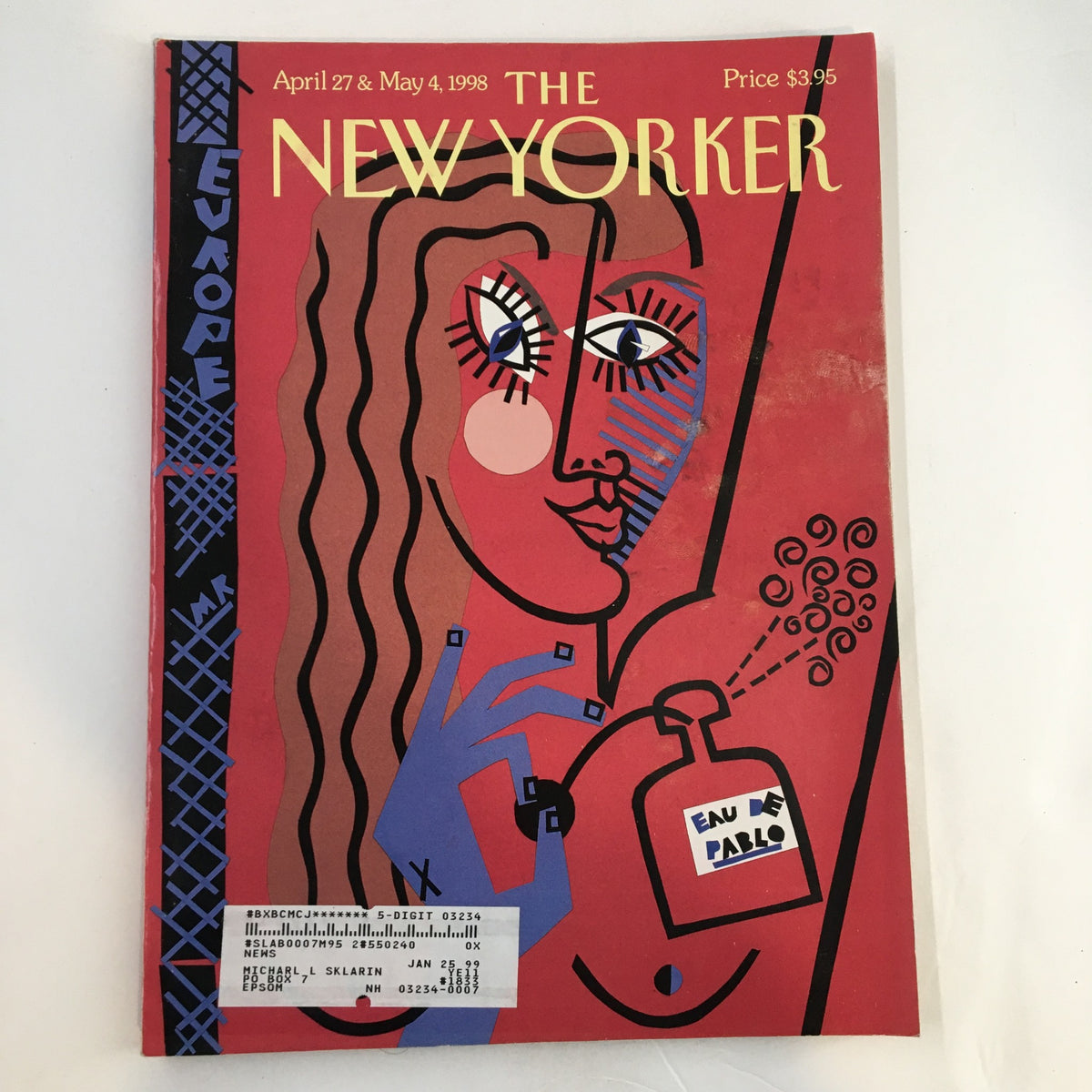 Cover of The New Yorker Full Magazine April 27 1998 featuring the artwork 'Eau de Pablo' by Michael Roberts with bold illustrations.