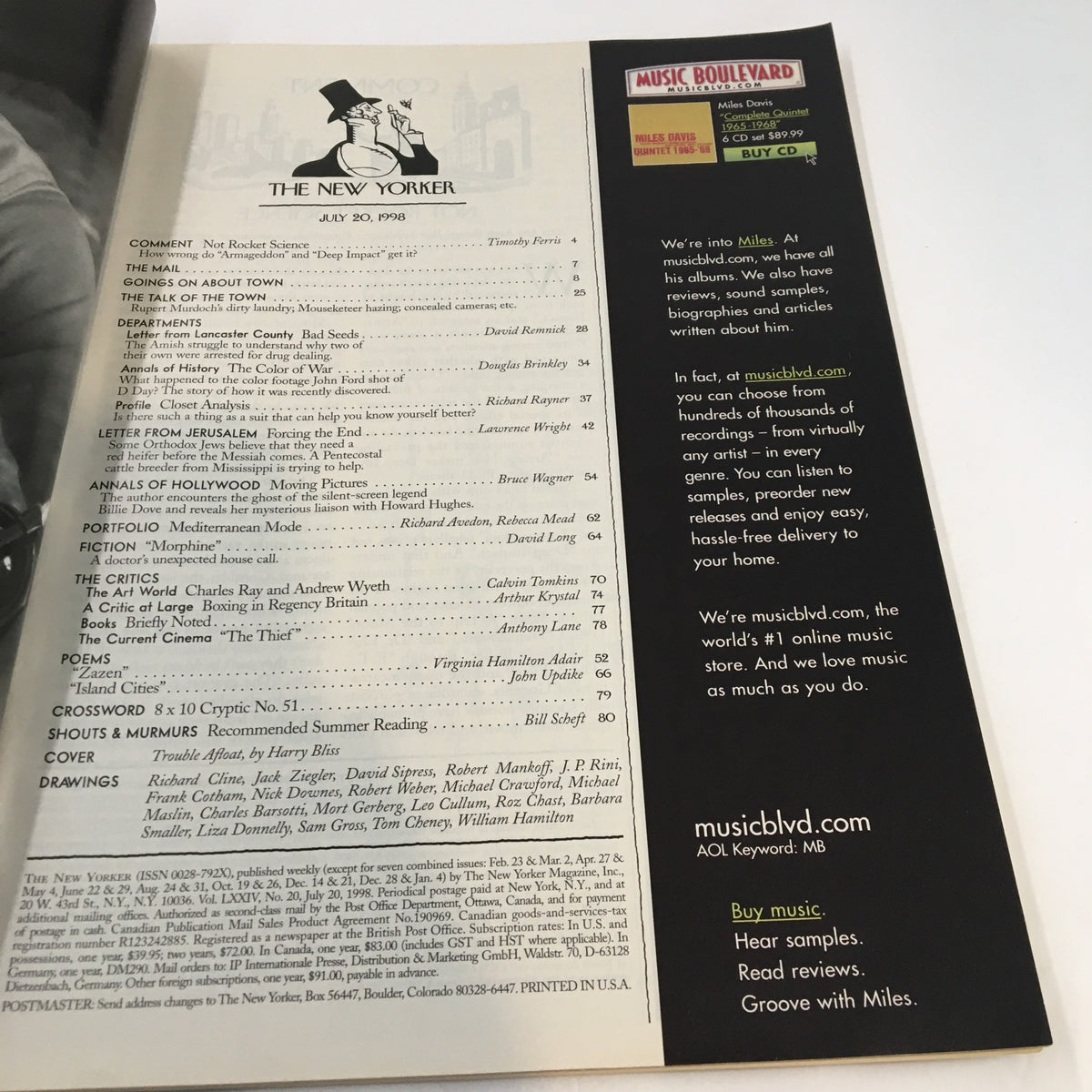 Interior page of The New Yorker magazine from July 20, 1998, displaying the table of contents and advertisements, showcasing various articles including 'Trouble Afloat' by Harry Bliss.