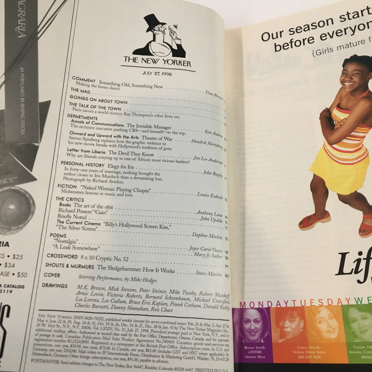 The New Yorker Full Magazine July 27 1998 interior page displaying the table of contents with various articles and illustrations from that issue.
